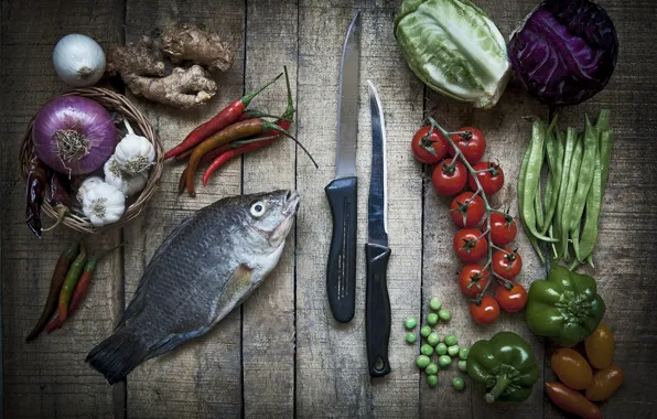 Fish, knives, vegetables