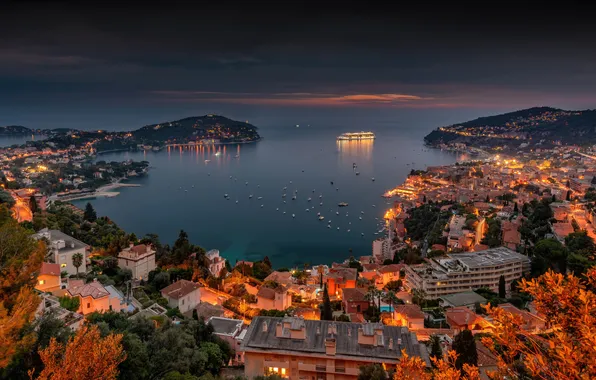 Picture sea, lights, the evening, horizon, town, the view from the top, Villefranche, on the seashore