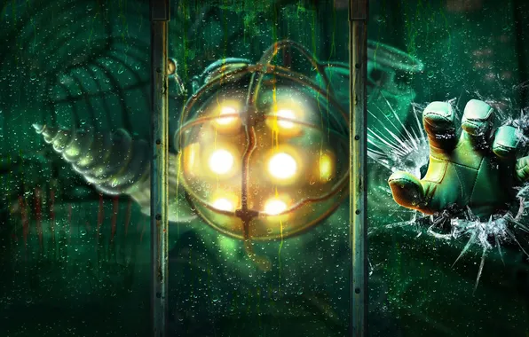 Picture glass, cracked, the game, hand, art, BioShock, Big Daddy