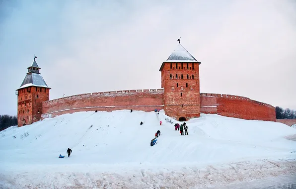Picture winter, snow, children, the city, Wallpaper, tower, the Kremlin, wallpaper