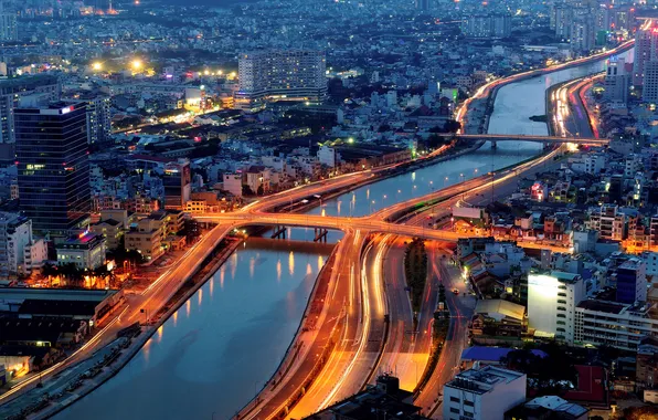 Picture river, building, Vietnam, bridges, night city, Vietnam, Saigon, Ho Chi Minh city