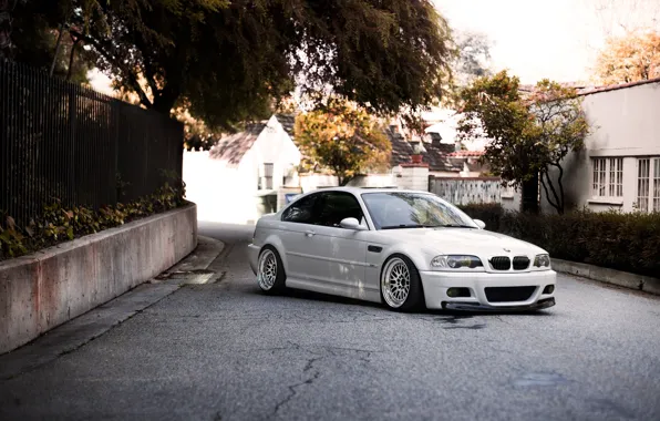 Picture white, the sky, trees, building, bmw, BMW, turn, the fence