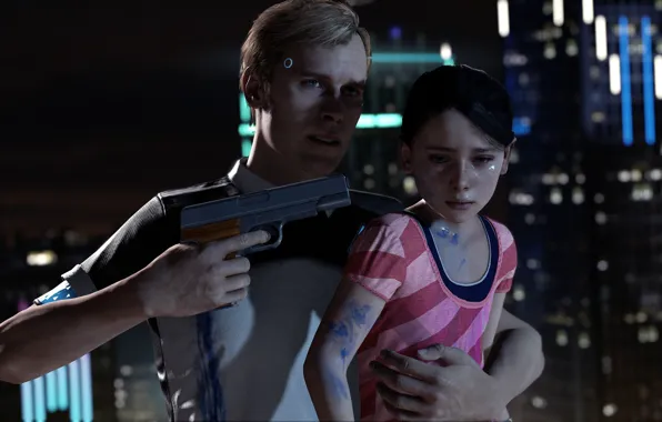 Girl, gun, pistol, game, weapon, man, kid, Detroit: Become Human