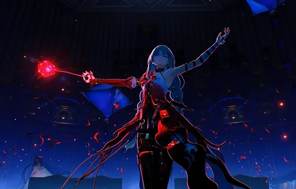 Night, anime, gesture, anime, magic wand, Standing, anime girls, Anime girl