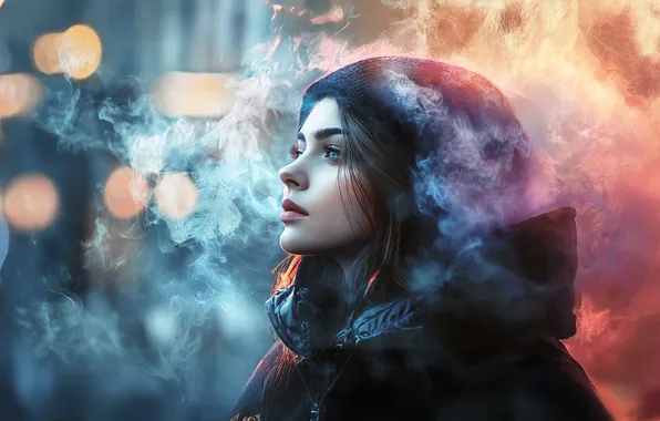 Autumn, look, girl, the city, lights, fog, street, smoke