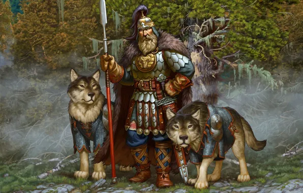 Picture weapons, dog, armor, Forest, warrior, hero