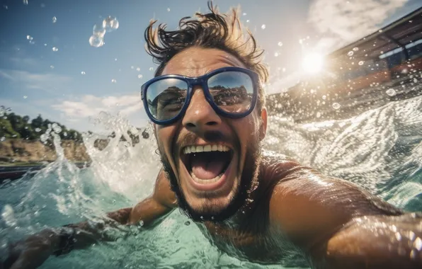 Water, Glasses, Smile, Male, Joy, Digital art, AI art, The Art of Artificial Intelligence