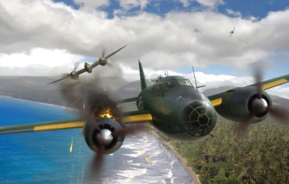 Mitsubishi, bomber, painting, Lockheed, G4M, heavy fighter, P-38 Lightning