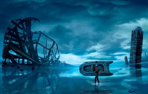 Water, night, boat, the building, people, the skeleton, romantically apocalyptic, tranquility
