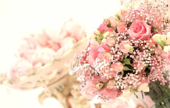 Flowers, roses, bouquet, gypsophila, snapdragons