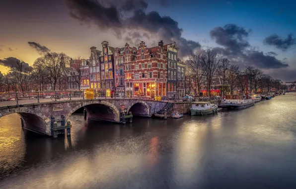 Picture clouds, bridge, channel, Amsterdam