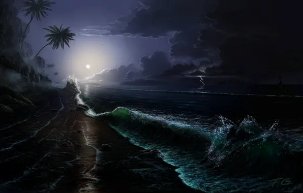 Picture sea, wave, night, clouds, stones, palm trees, rocks, the moon