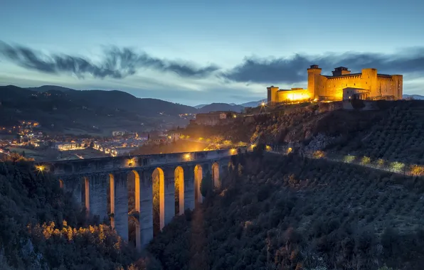 Landscape, bridge, night, Spoleto