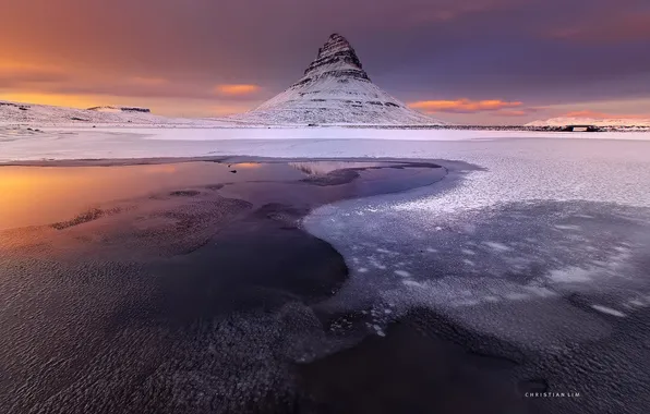 Winter, snow, mountain, the evening, the volcano, Iceland, Kirkjufell