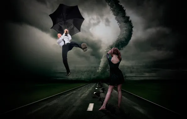 Picture girl, umbrella, tornado, tornado, flight, guy
