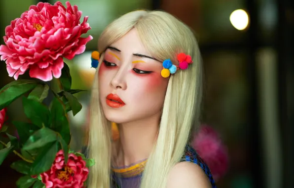 Girl, flowers, makeup, Asian