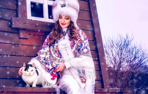 Winter, cat, girl, snow, hat, shawl, fur, ethno