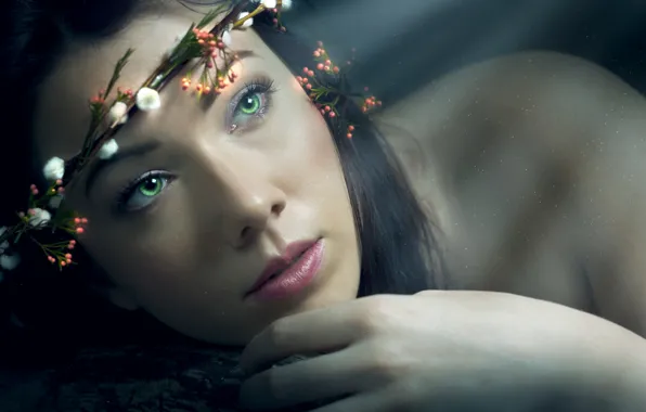 Girl, portrait, wreath, green eyes
