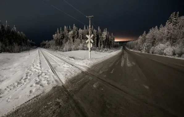 Winter, road, night