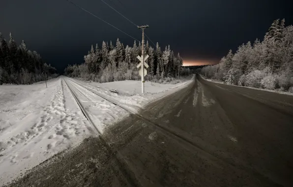 Winter, night, road