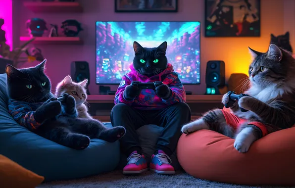 Game, cats, gamers, joysticks, gamblers