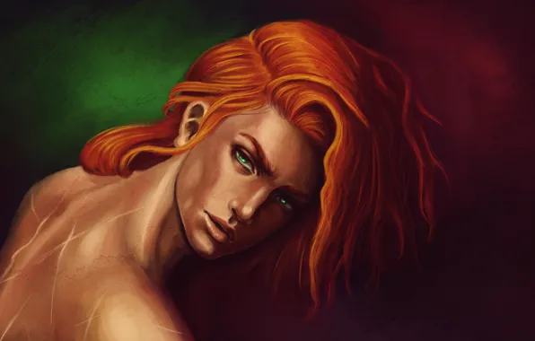 Picture red, guy, green eyes, fan art, scars, Kvothe, Cote, Kingkiller Chronicle