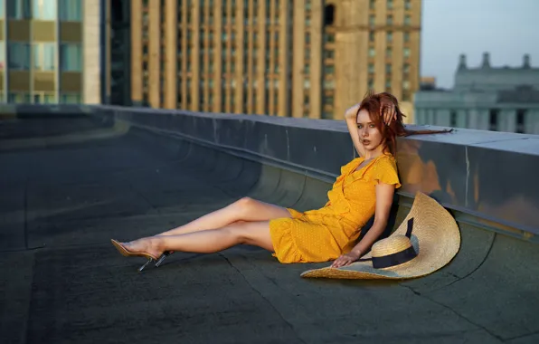 Look, girl, pose, hat, dress, red, legs, redhead