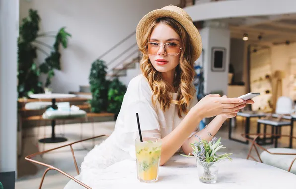 Girl, hat, beautiful, sweet, glasses, long-haired