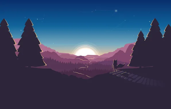 Road, forest, the sky, the sun, stars, tree, Fox