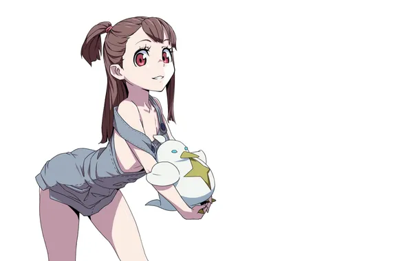 Red eyes, ponytail, Plush Toy, simple background, schoolgirl, looking at viewer, Little Witch Academia, Kagari …