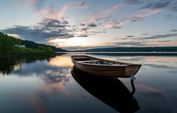 Picture forest, the sky, clouds, landscape, sunset, nature, lake, boat