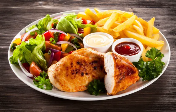 Picture greens, plate, meat, vegetables, sauce, salad, potatoes
