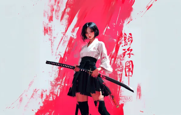 Picture girl, sword, fantasy, katana, samurai, digital art, artwork, warrior