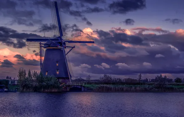 Clouds, landscape, nature, river, the evening, mill, Netherlands, Holland