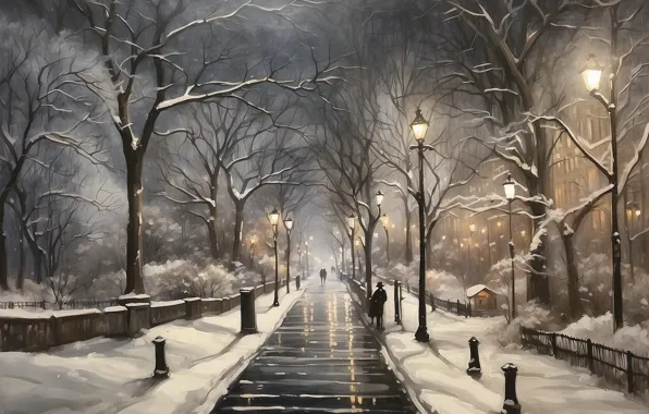 Picture winter, snow, trees, Park, alley