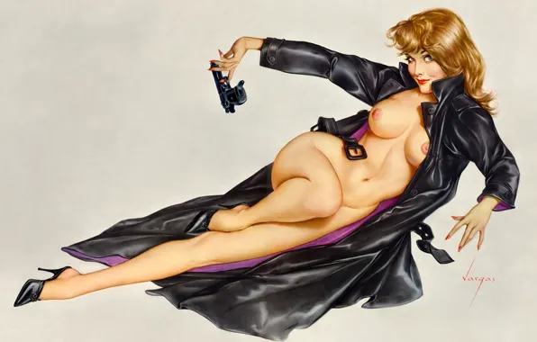 Chest, gun, figure, cloak, pin-up