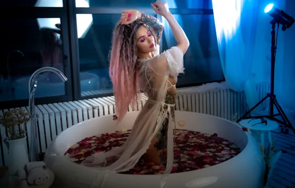 Girl, pose, hands, makeup, petals, negligee, tattoo, bath