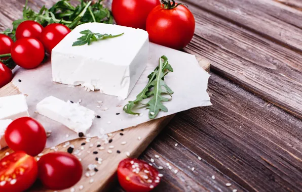 Greens, Board, food, cheese, parchment, tomatoes, tomatoes, piece