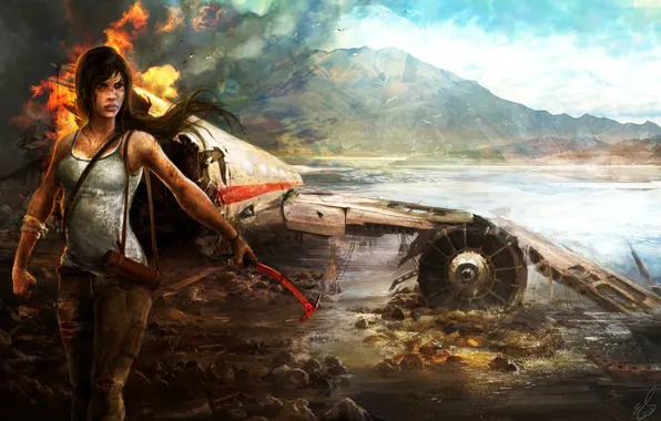 Picture crash, girl, mountains, the plane, fire, island, Tomb Raider, Tomb raider