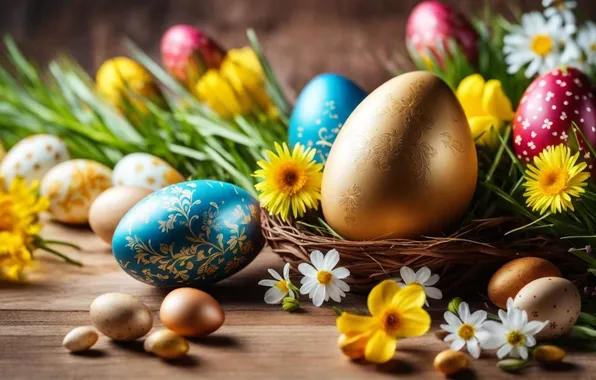Flowers, eggs, spring, colorful, Easter, flowers, spring, Easter