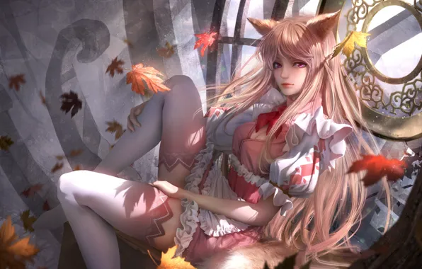 Picture leaves, girl, tail, neko, ears, anime, art
