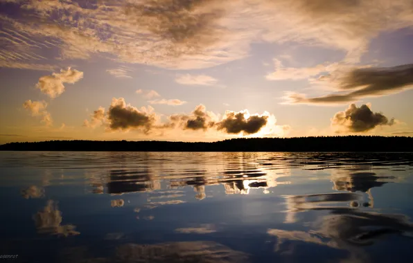 The sky, water, clouds, lake, reflection, sunrise, Bay, uksalonpya