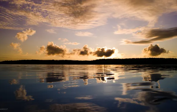 Picture the sky, water, clouds, lake, reflection, sunrise, Bay, uksalonpya