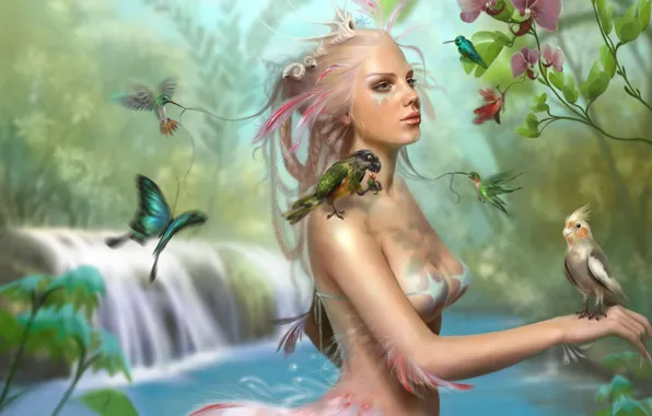 Girl, butterfly, waterfall, parrot