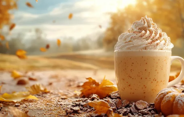 Field, autumn, nature, foliage, coffee, Cup, pumpkin, falling leaves