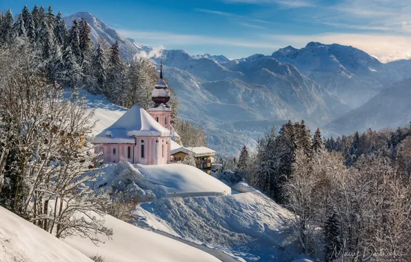 Winter, mountains, Germany, Bayern, Church, Germany, Bayern, Berchtesgaden