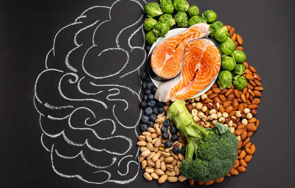 Berries, figure, food, fish, blueberries, brain, nuts, red