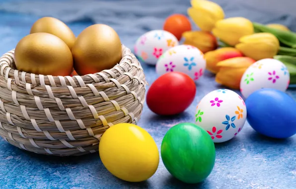 Holiday, eggs, Easter, tulips