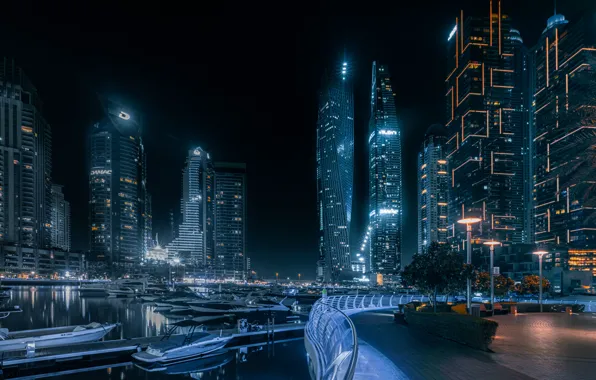 Picture water, night, the city, building, boats, lighting, Dubai, skyscrapers