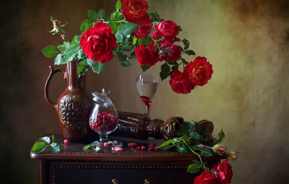 Flowers, berries, roses, glasses, table, pitcher, still life, cranberry